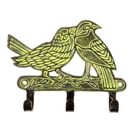 Brass Sparrow Key Three Hooks on Branch with Green Leaves